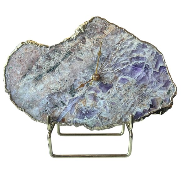Amethyst Slab Desk or Wall Clock With Gold Edges & Detachable Stand 6.5”TX9.75” - Picture 2 of 12